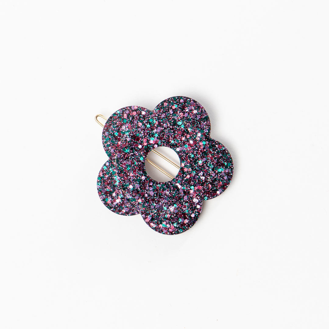 Barrette ronde Fleur Lie de vin Vert Parme